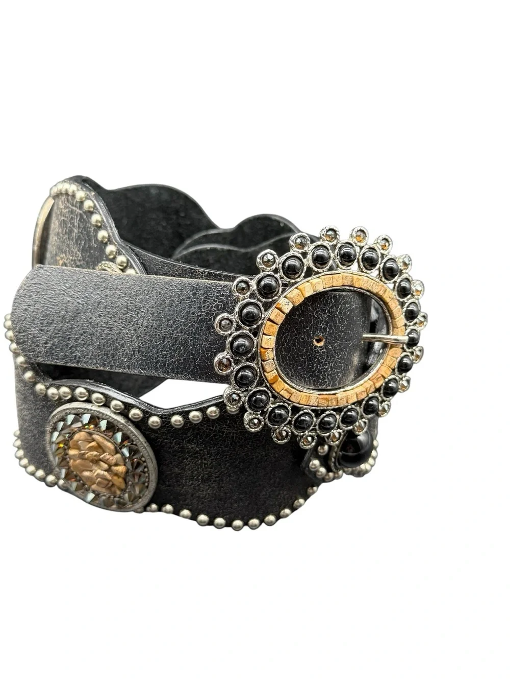 Leatherock 38 XL Black Leather Studded Scallop Western Boho Statement Belt 5934
